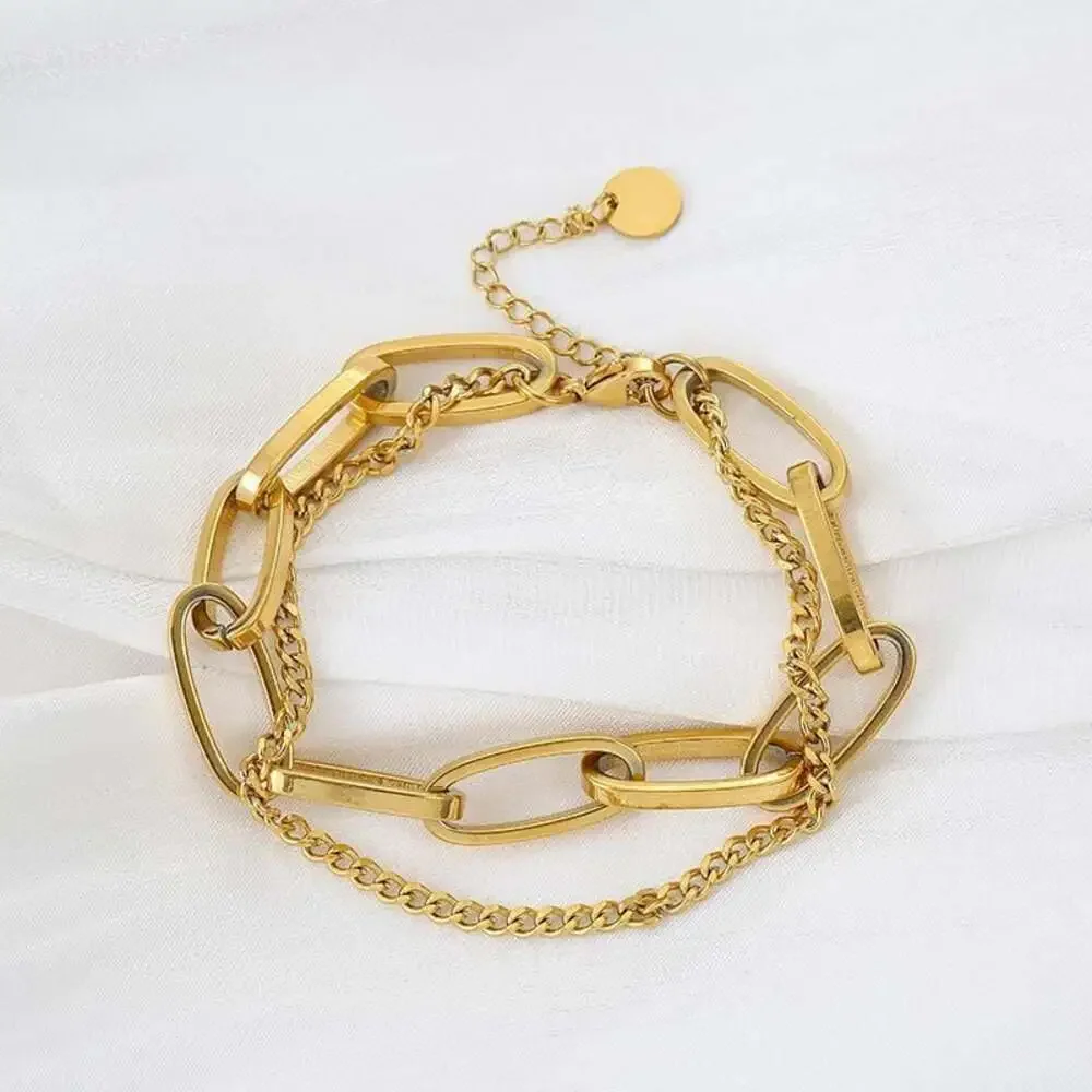 18K Gold Plated Stainless Steel Double Layered Paperclip and Curb Chain Bracelet